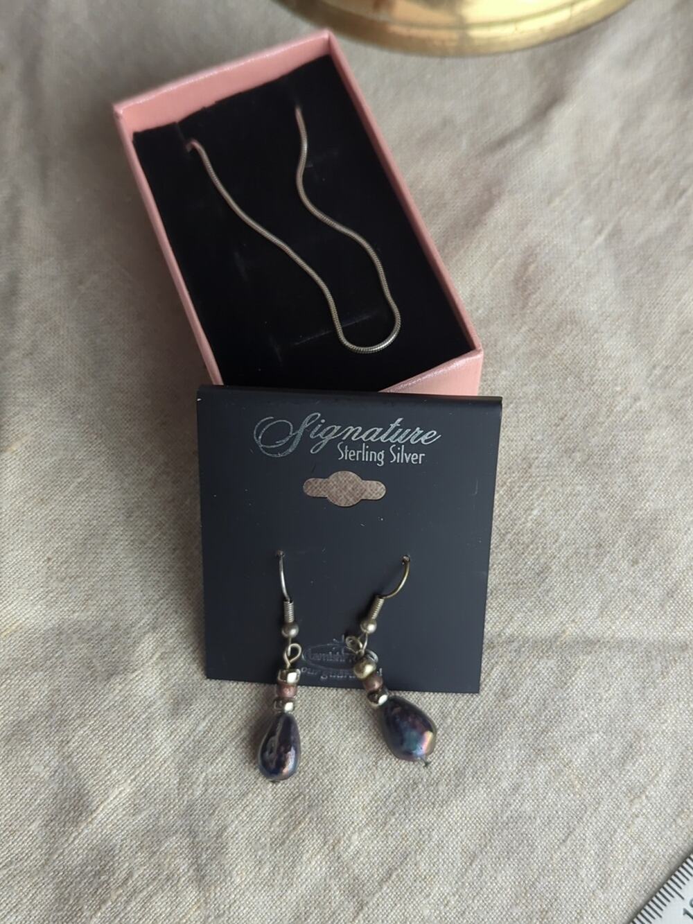 Y2K Sterling Silver Necklace & Iridescent Pearl Drop Earrings Set | Early 2000s